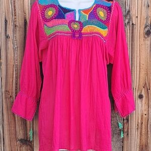 Mexican Embroidered Peasant Blouse Fuchsia Cotton Gauze Huipil Style Boho Tunic